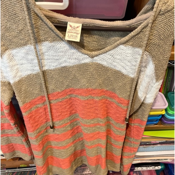 Sweater style hooded with front strings for fall/spring, striped - Picture 2 of 3